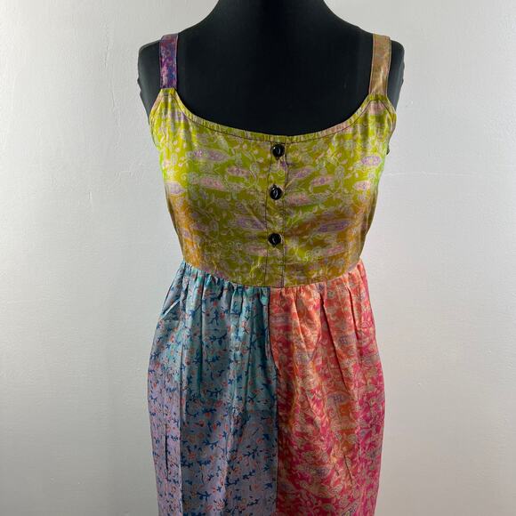 FASHION FUSE Multicolor PURE Silk Sleeveless Scoop Neck Tie Belt Maxi Dress Sz S - Picture 3 of 8